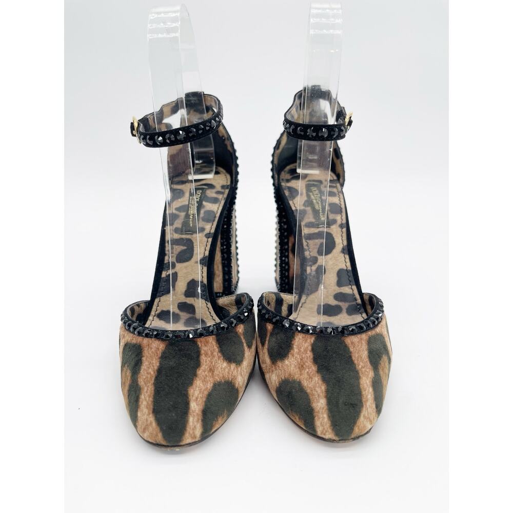 Dolce Gabbana Leopard Velvet Crystal Studded Block Heel Ankle Strap Pumps IT 36 - Picture 5 of 11